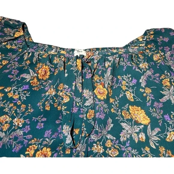 Umgee Womens Size Medium Floral Blouse Teal Yellow Ruffle Tiered Sleeve Boho - Picture 6 of 14